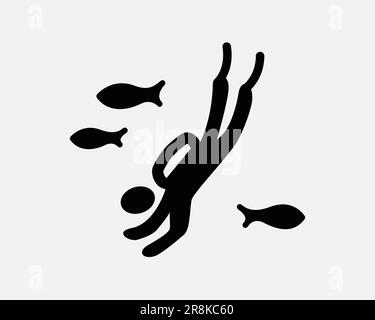 Underwater Dive Icon. Man SCUBA Diving Diver Underwater Sea Ocean Fish Marine Black White Sign Symbol Illustration Artwork Graphic Clipart EPS Vector Stock Vector
