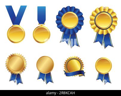 simple elegant gold medal blue ribbon set vector isolated on white background Stock Vector