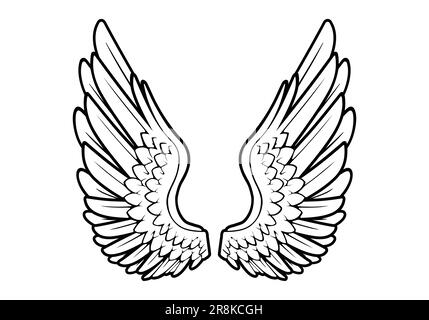 classic beautiful angel feathered bird wings upright black and white outline vector isolated on white background Stock Vector