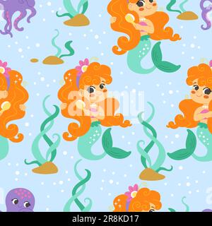 Seamless childish pattern with cute mermaids and octopus in underwater world. Vector illustration. Creative kids texture for design, print, linen, fab Stock Vector