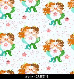 Seamless childish pattern with happy mermaids falling in love. Vector illustration flat style. Creative kids texture for design, print, linen, fabric, Stock Vector