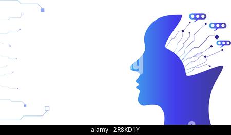 Modern background metaphor of artificial intelligence, modern technologies, robots, man with technical elements in his head. Concept of technology Stock Vector