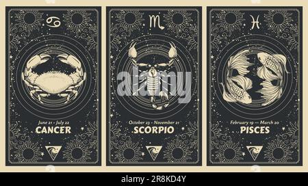 Zodiac signs Cancer, Scorpio, Pisces, water element, mystical astrology card set, horoscope banner with realistic pattern on black background for stor Stock Vector