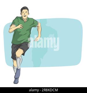 line art male soccer player running with blue blank space illustration vector hand drawn isolated on white background Stock Vector