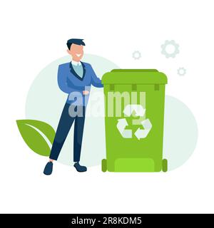 Vector of a young man standing next to a waste basket with a recycle symbol Stock Vector