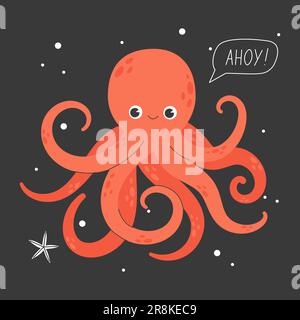 Joyful octopus isolated on dark background. Stock Vector