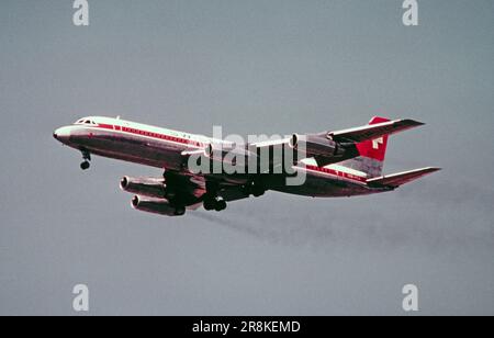 A Swissair Convair CV-990 Coronado, registration HB-ICA, taken in 1968. Built in 1962 it was eventually scrapped in 1991. Stock Photo