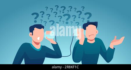 Vector of two perplexed looking men having troubled communication and multiple questions Stock Vector
