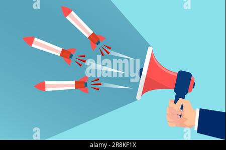 Vector of a man with megaphone shouts, launching rockets. War propaganda concept Stock Vector