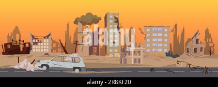 Destruction in war zone concept. Vector of a city in ruins with destroyed, abandoned buildings, burned cars on streets Stock Vector