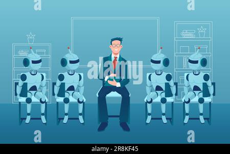 Human vs robots concept. Vector of a business man job applicant competing with artificial intelligence robots Stock Vector