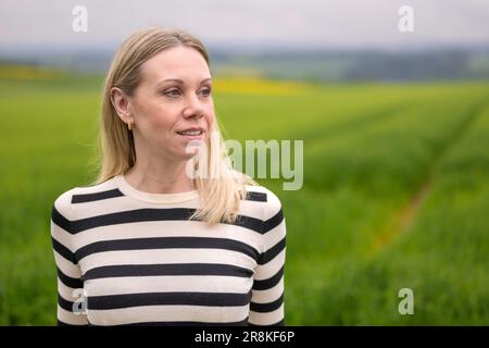 Middle age blonde woman standing in front of a green field and looks friendly to the side Stock Photo