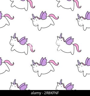 Unicorn pink seamless pattern, flat, doodle background vector illustration. Baby wallpaper for nursery. Vector illustration Stock Vector