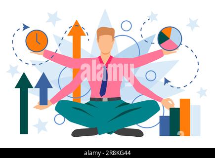 Businessman character showing different business indicators Stock Vector