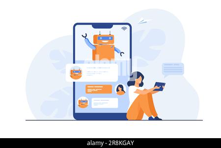Tiny woman using mobile assistant with chatbot Stock Vector