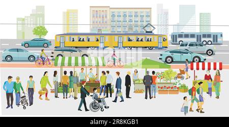 Shopping street with a weekly market, city life, illustration, Stock Vector