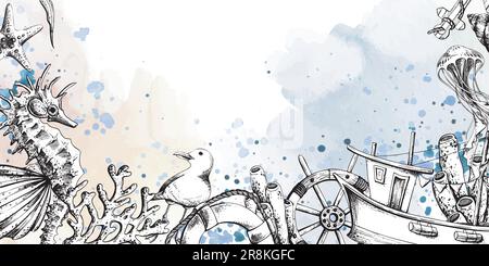 Marine animals with a fishing boat, a steering wheel and a life buoy. Illustration of hand drawn graphics, vector in EPS format. Template, frame on a Stock Vector