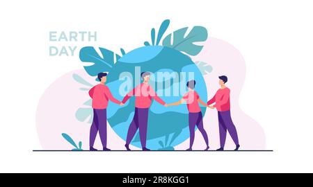 People walking around globe and holding each other by hands Stock Vector