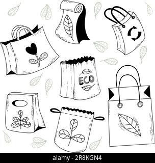 Collection eco-friendly bags. Paper packages for groceries. Hand drawn doodle. Vector illustration. Isolated eco bags for design Stock Vector