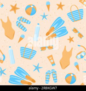 Seamless pattern with summer beach items on the sand. Vector illustration in flat style Stock Vector