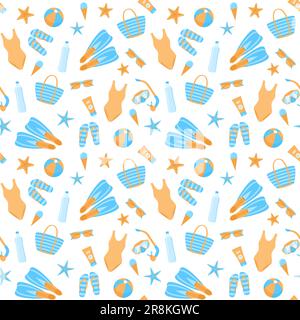 Seamless pattern with summer beach items in blue and orange colors on a white background. Vector illustration in flat style Stock Vector