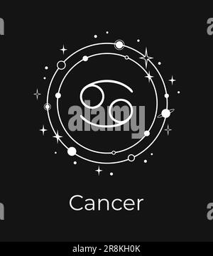 White Cancer sign with planets and stars on a black background Stock Vector