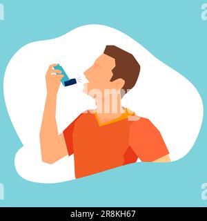 Vector of a young man with asthma using an inhaler to relieve attack. Stock Vector