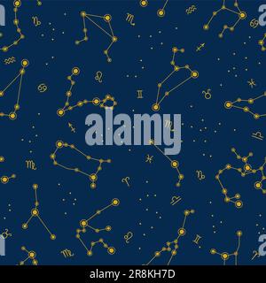 Seamless pattern with yellow zodiac constellations and signs on a dark blue background. Vector illustration in flat style Stock Vector