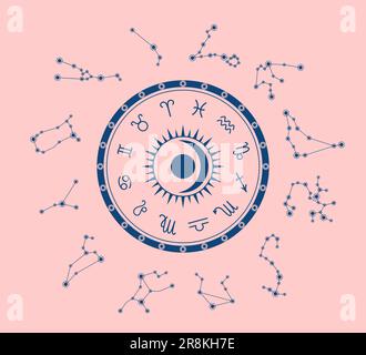 Zodiac circle with zodiac constellations around on pink background. Vector illustartion in flat style Stock Vector