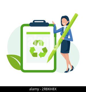 Vector of a business woman standing with a clipboard with a recycle symbol Stock Vector