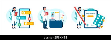 Vector of a doctor and nurse using online healthcare services to read patients medical records and prescribe treatment Stock Vector