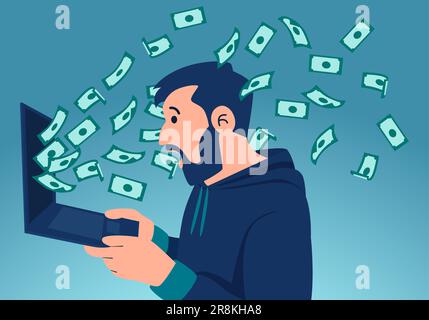 Vector of a young man holding laptop and winning a lot of money in social media. Stock Vector