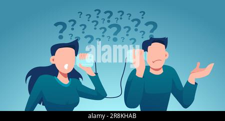 Vector of a perplexed looking man and woman having troubled communication and multiple questions Stock Vector