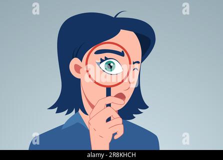 Vector of a curious young woman looking through a magnifying glass Stock Vector