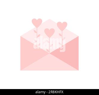 Pink envelope with hearts on stems inside on a white background. Happy Valentines day, love letter concept. Flat vector illustration Stock Vector