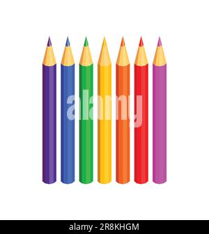 fun kids cute cartoon color colored pencils set purple blue green yellow orange red pink standing upright isolated on white background vector Stock Vector