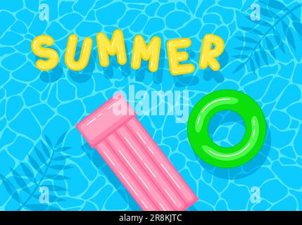 Swimming pool with floating inflatable  circle, air mattress and word summer, top view. Flat vector illustration Stock Vector