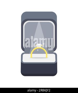 Gold engagement ring with diamond in gray square box on white background. Flat vector illustration Stock Vector