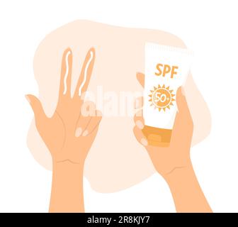 One hand with cream on the fingers and the other holding a tube of sunscreen. Hands showing how to use sunscreen for the face. Vector illustration in Stock Vector