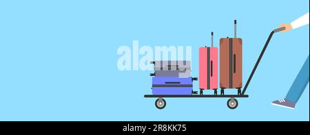 A man carring a trolley cart with suitcases on a blue background with copy space. Flat vector illustration Stock Vector