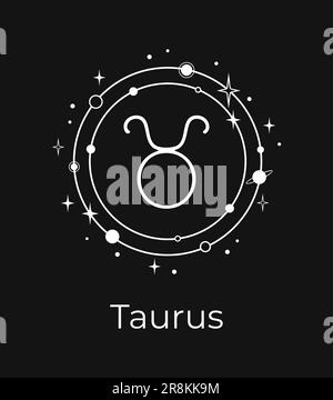White Taurus sign with planets and stars on a black background Stock Vector