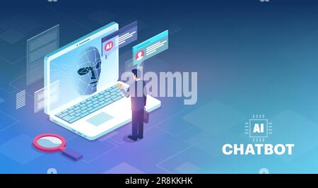 Vector of a businessman using a chatbot, artificial intelligence chat bot robot application. Conversation assistant concept. Stock Vector