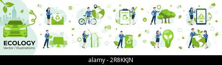 Ecology, green energy, electric transportation and sustainable consumption concept, vector set Stock Vector