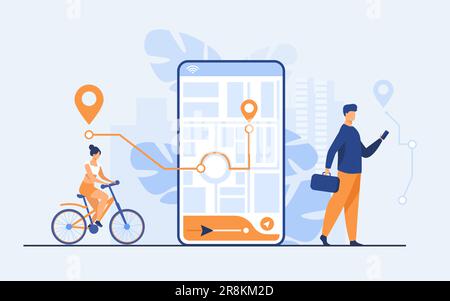 Tiny people using mobile application with map outdoors Stock Vector
