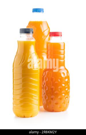 Three bottles of fruit juice. Orange  juice isolated on the white background. Stock Photo