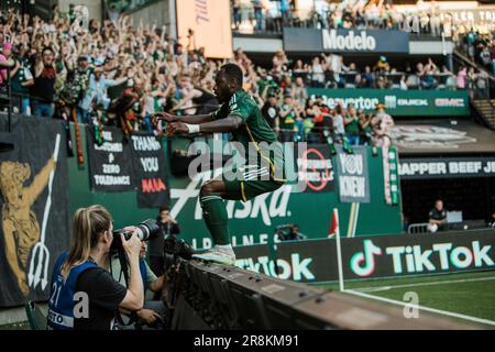 Los Angeles, California, USA. 21st June, 2023. FRANCK BOLI of the MLS's Portland Timbers celebrates a goal during a game at Providence Park in Portland, Oregon on June 21, 2023 (Credit Image: © Alex Cave/ZUMA Press Wire) EDITORIAL USAGE ONLY! Not for Commercial USAGE! Stock Photo