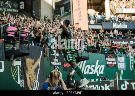 Los Angeles, California, USA. 21st June, 2023. FRANCK BOLI of the MLS's Portland Timbers celebrates a goal during a game at Providence Park in Portland, Oregon on June 21, 2023 (Credit Image: © Alex Cave/ZUMA Press Wire) EDITORIAL USAGE ONLY! Not for Commercial USAGE! Stock Photo