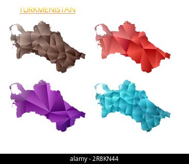 Set of vector polygonal maps of Turkmenistan. Bright gradient map of country in low poly style. Multicolored Turkmenistan map in geometric style for y Stock Vector