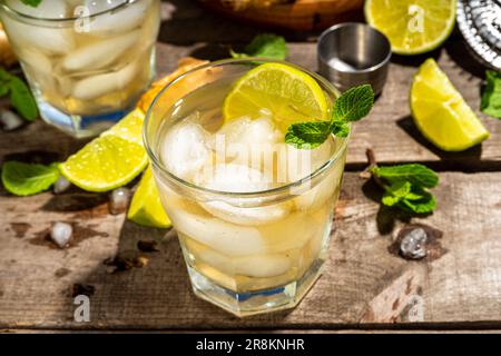 Ginger lemon cold alcohol cocktail Ginger ale beer strong drink with ice cubes and fresh lemon garnish, copy space Stock Photo