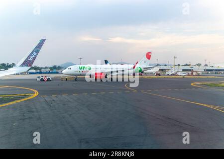 View from window of Viva Aerobus Airbus A320 plane at Benito Juarez International airport, Mexico City, Mexico Stock Photo